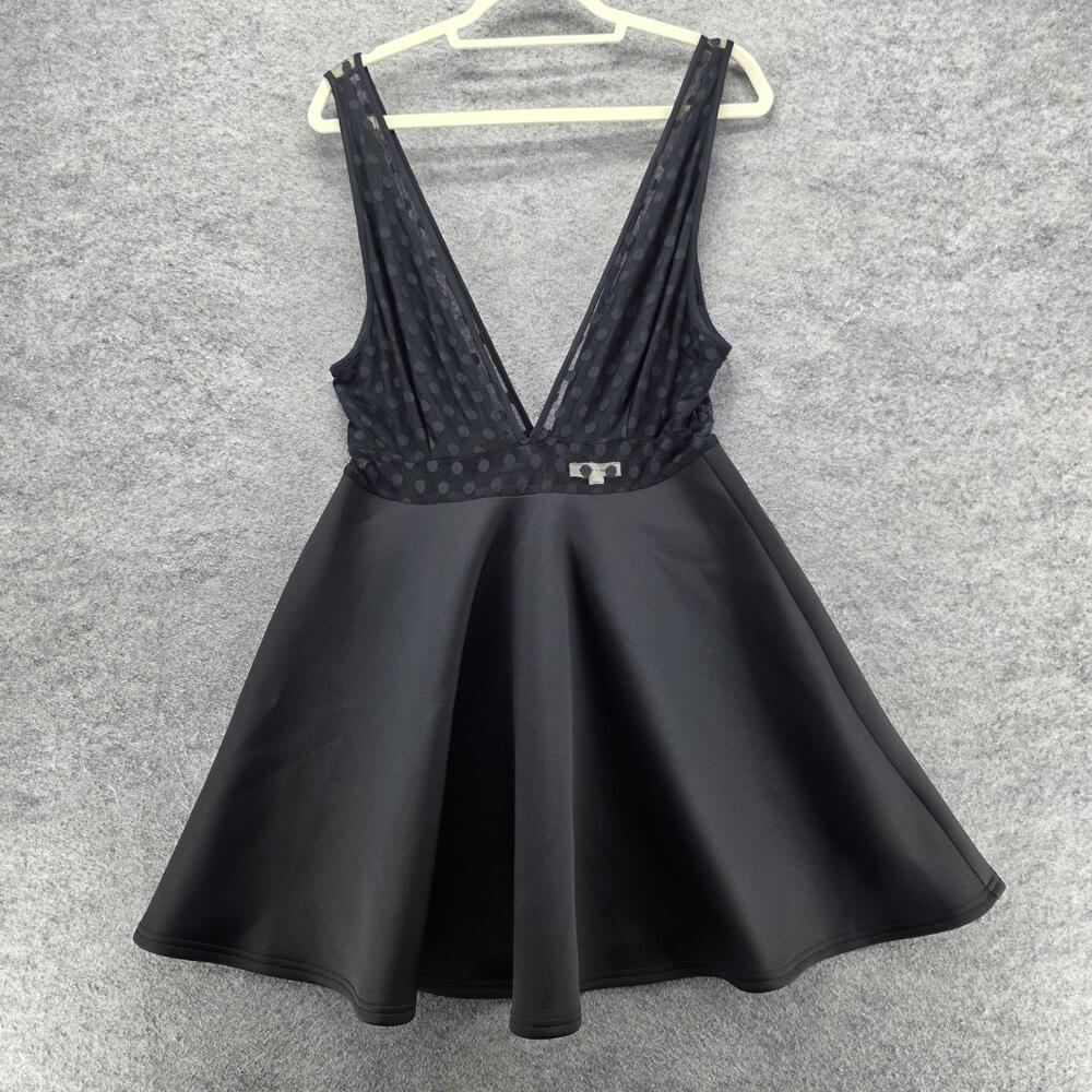 Silence + Noise Dress Womens 8 Black Deep V Mesh Polka Dot Skater Fit & Flare